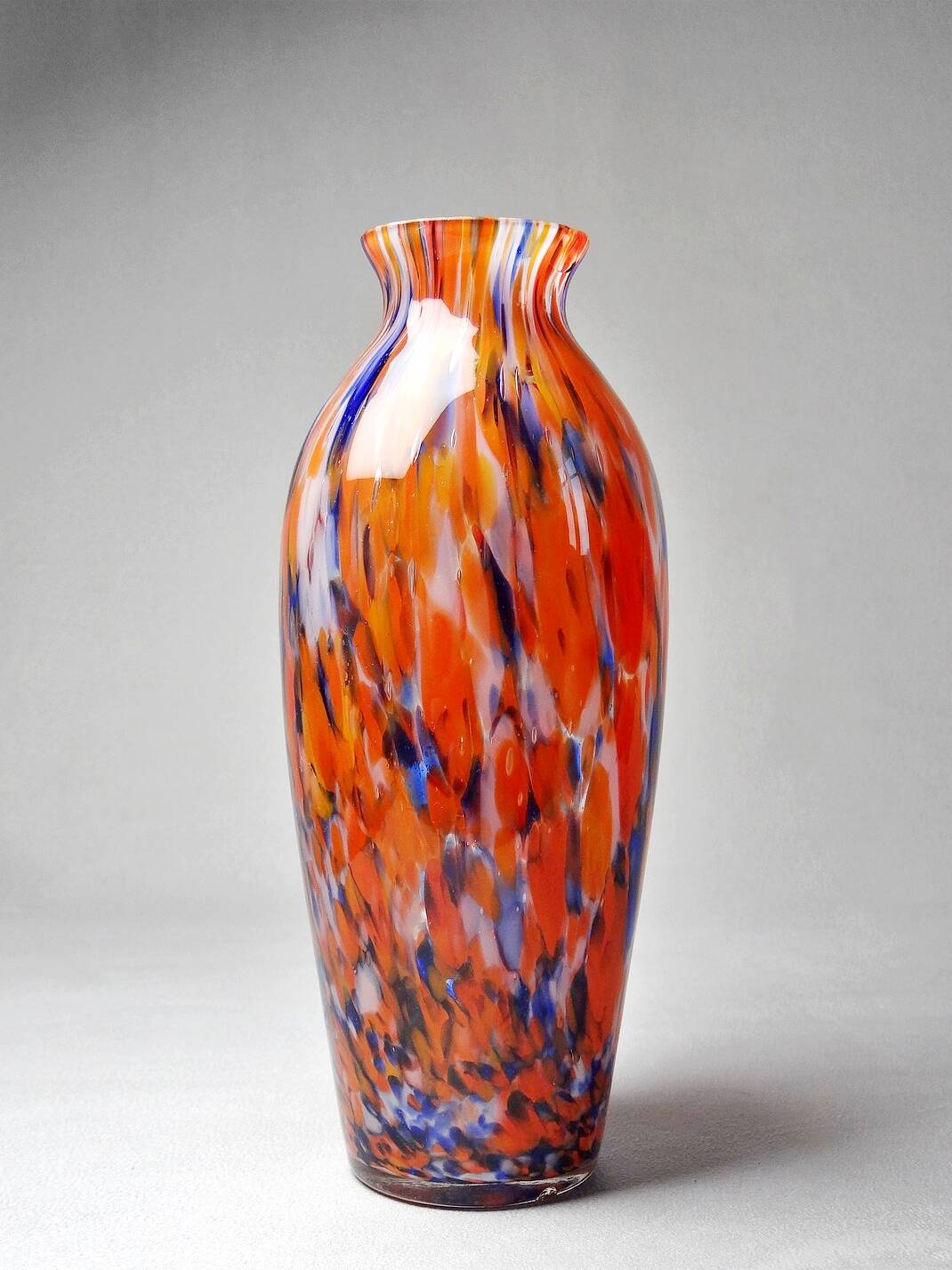 Small antique art deco cobalt orange speckled glass paste vase