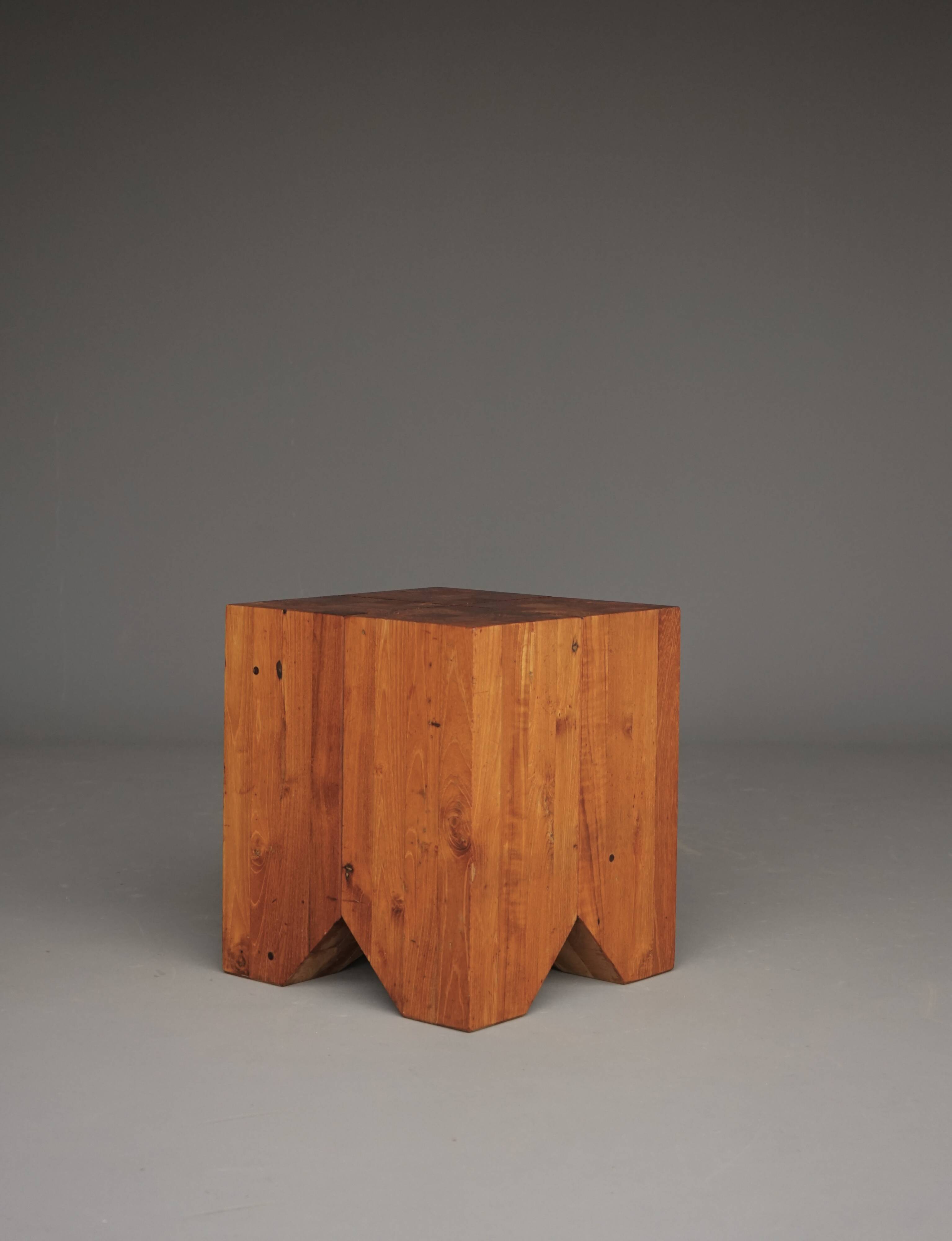 Brutalist solid Teak wood Stool or Side Table. 1990s