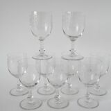 Set of 9 old wine glasses engraved in blown glass, early 20th century
