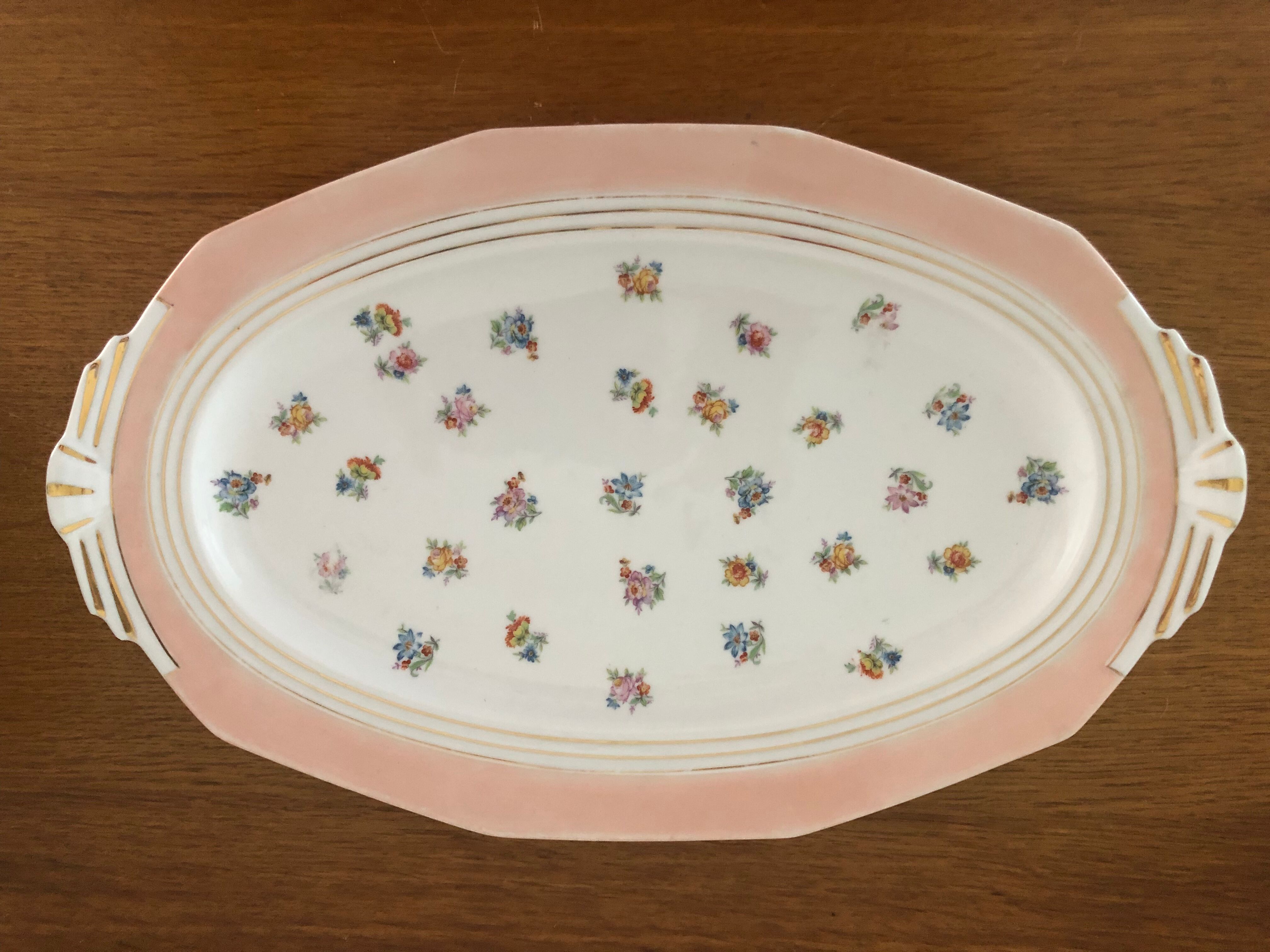 7 dishes Vintage Limoges porcelain pink and gold floral motifs