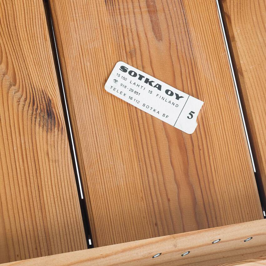 Set of four Scandinavian style chairs + bench. Pine wood. Produced by Sotka. Finland 70s