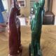 Pair of Art Deco deer by Charles Lemanceau in red and green ceramic.