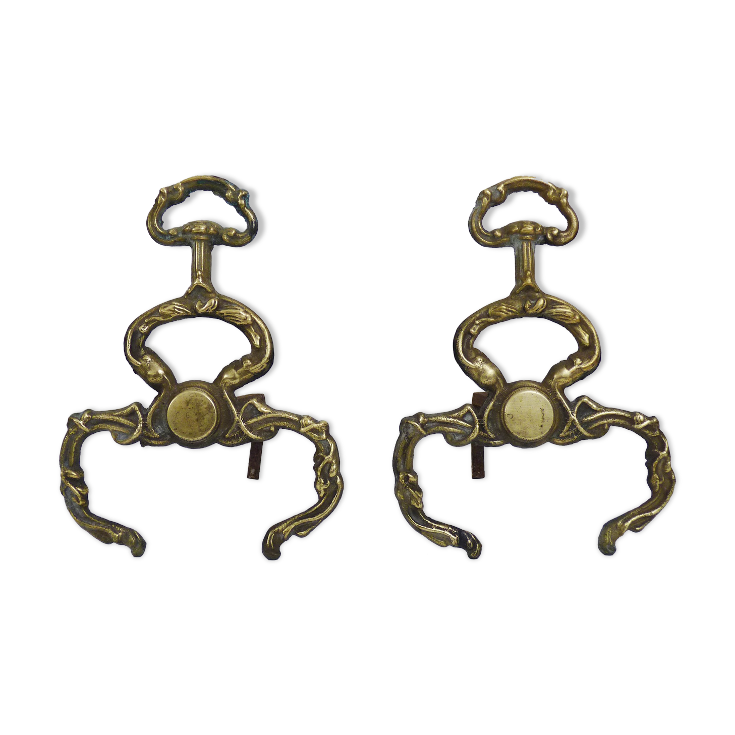 Old pair of chenets, fire dog in bronze and French neoclassical cast iron