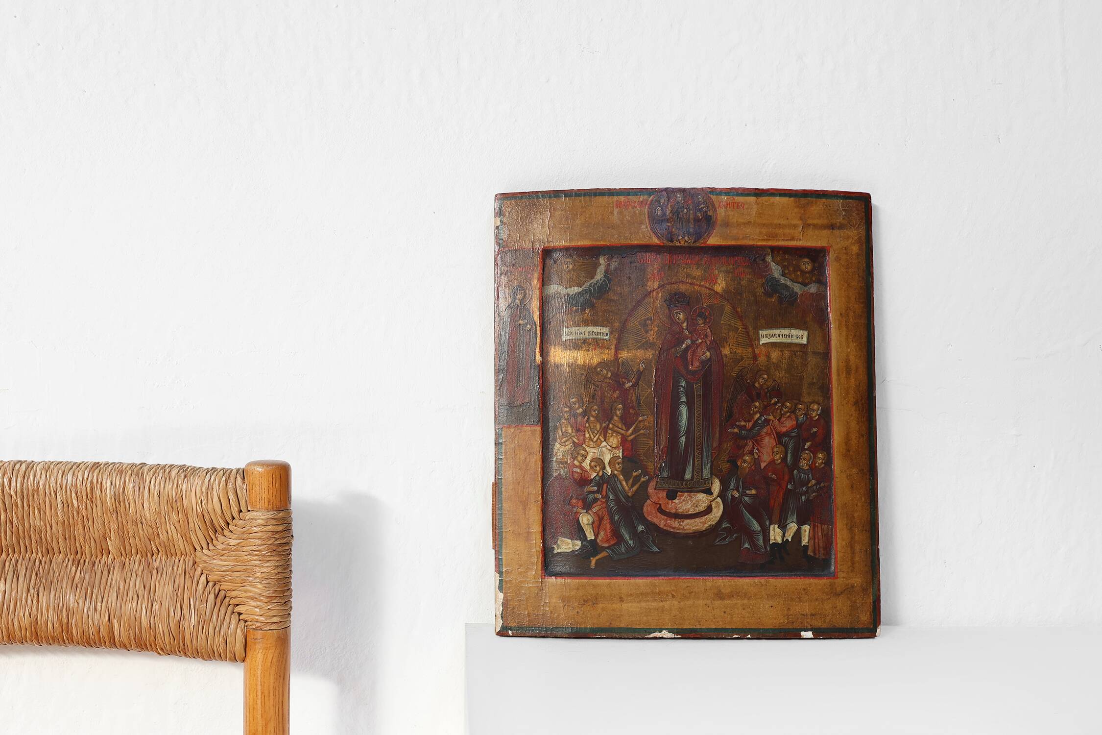 19th Century Traditional Religious oak Icon Mother of God Joy of All Who So