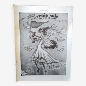 Une publicité papier issue revue 1930 vraie soie illustration femme filet papillons