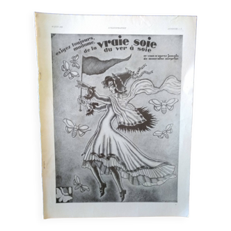Une publicité papier issue revue 1930 vraie soie illustration femme filet papillons