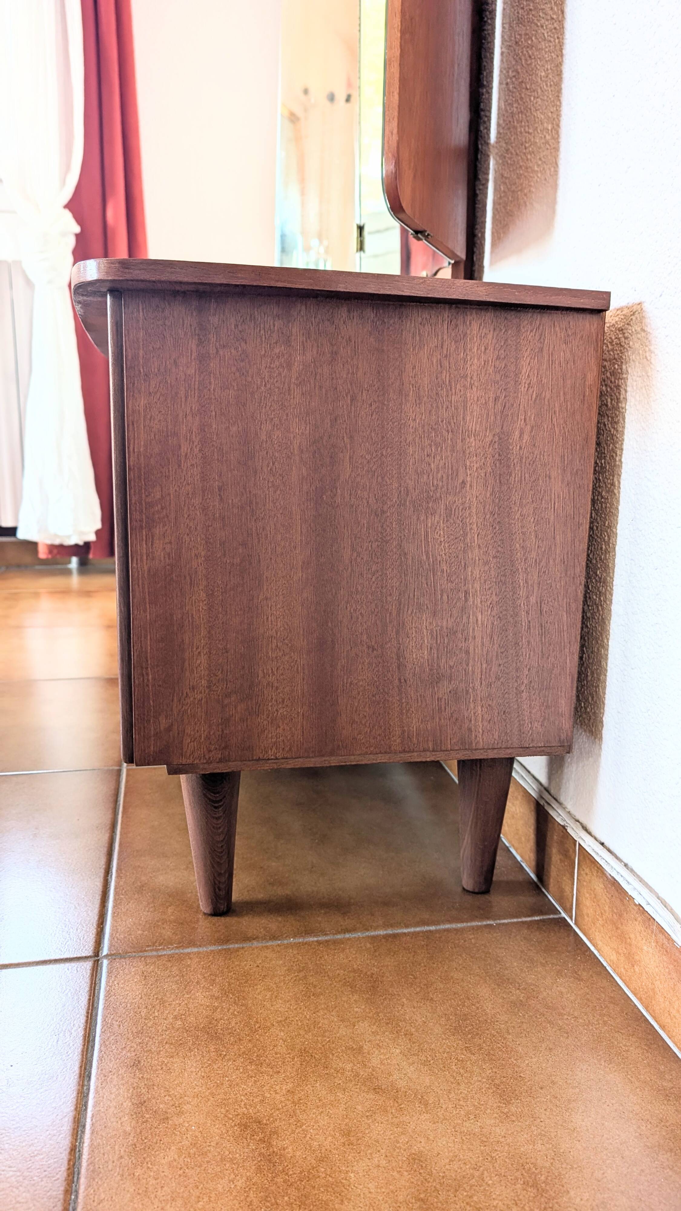 Vintage 70s dressing table with triptych mirror and matching bench.