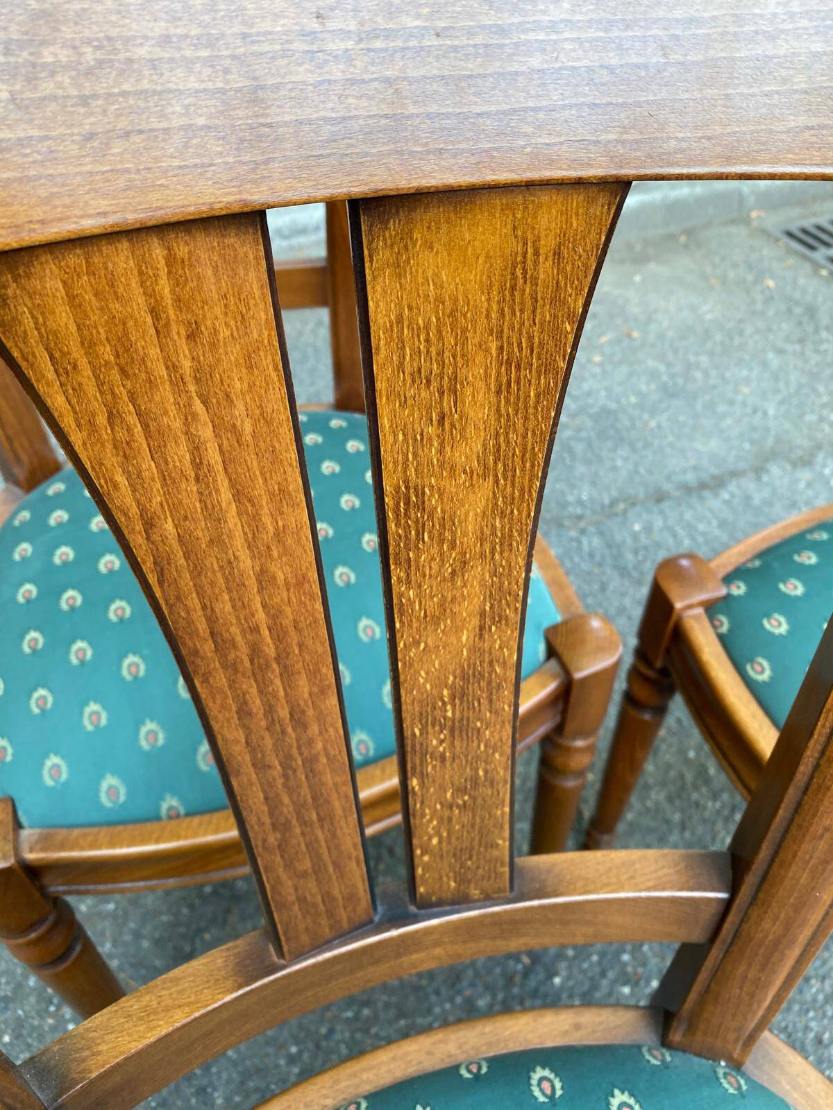 4 solid wood dining chairs with green fabric Louis Philippe 198