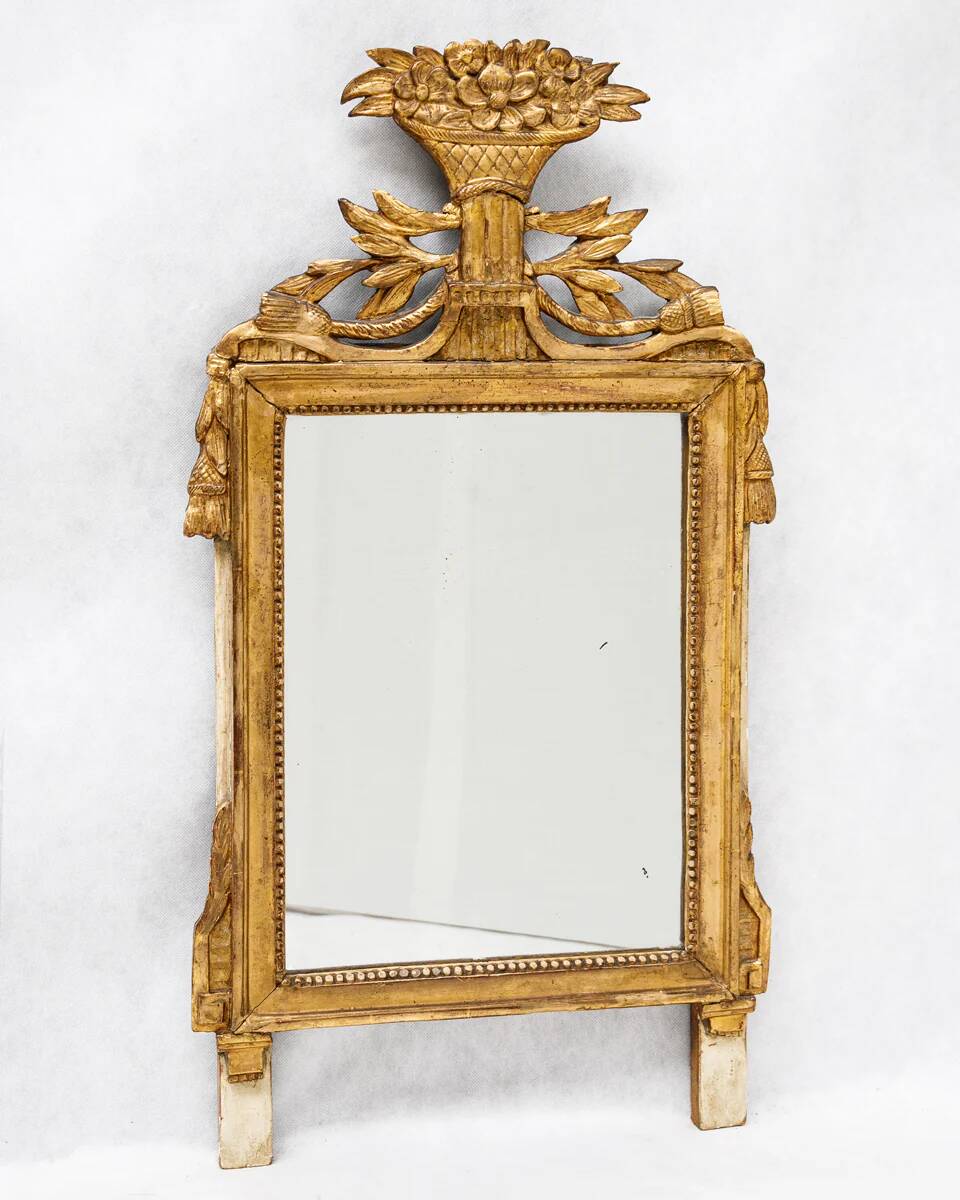 Small French Louis XVI marriage mirror with basket and tassels