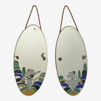 Pair of oval-shaped mirrors decorated by Pierrot and Colombine-Art Deco