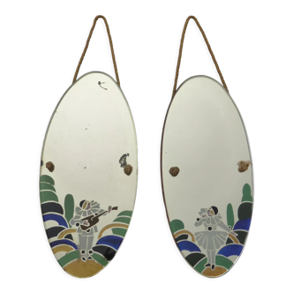 Pair of oval-shaped mirrors decorated by Pierrot and Colombine-Art Deco