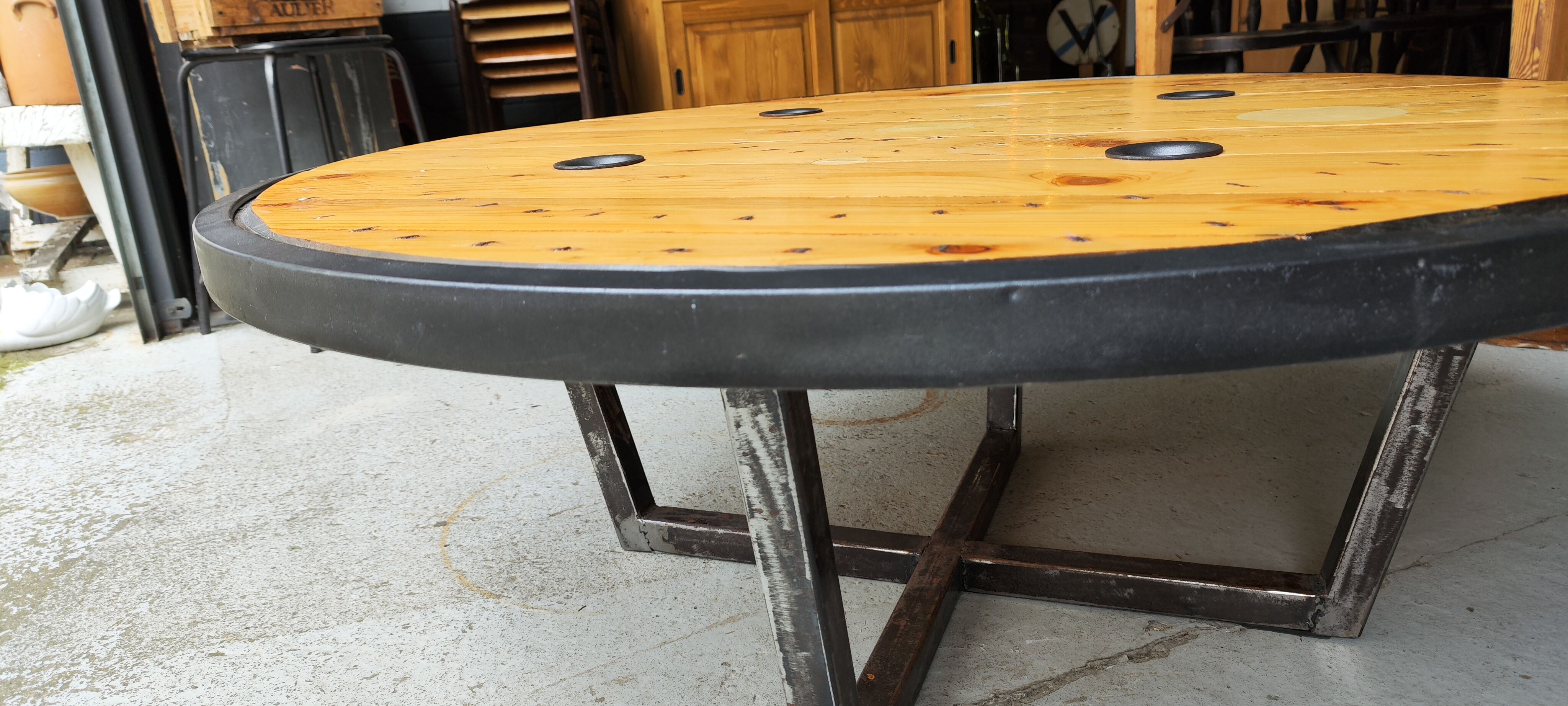 Large industrial coffee table metal and wood drum