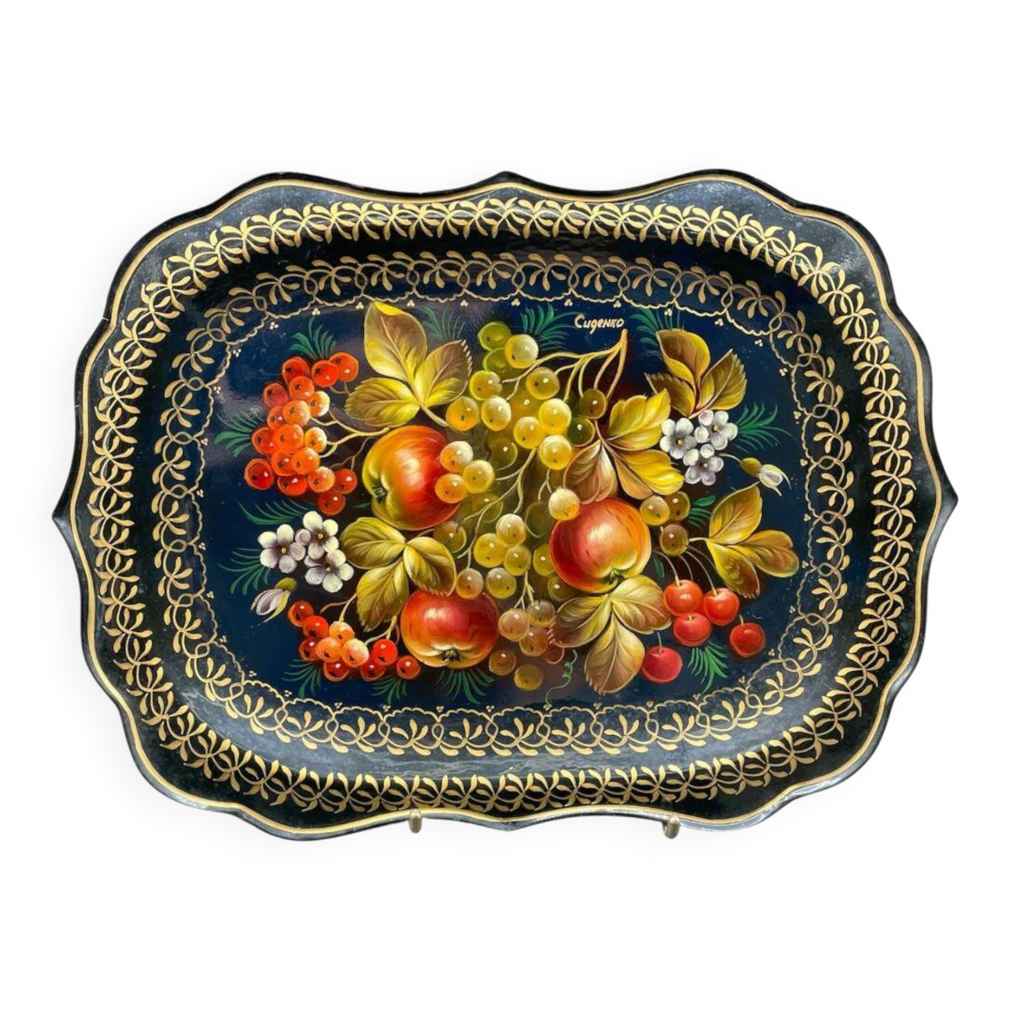 Hand-painted Russian tray, Zhostovo, signed vintage decorative tray.