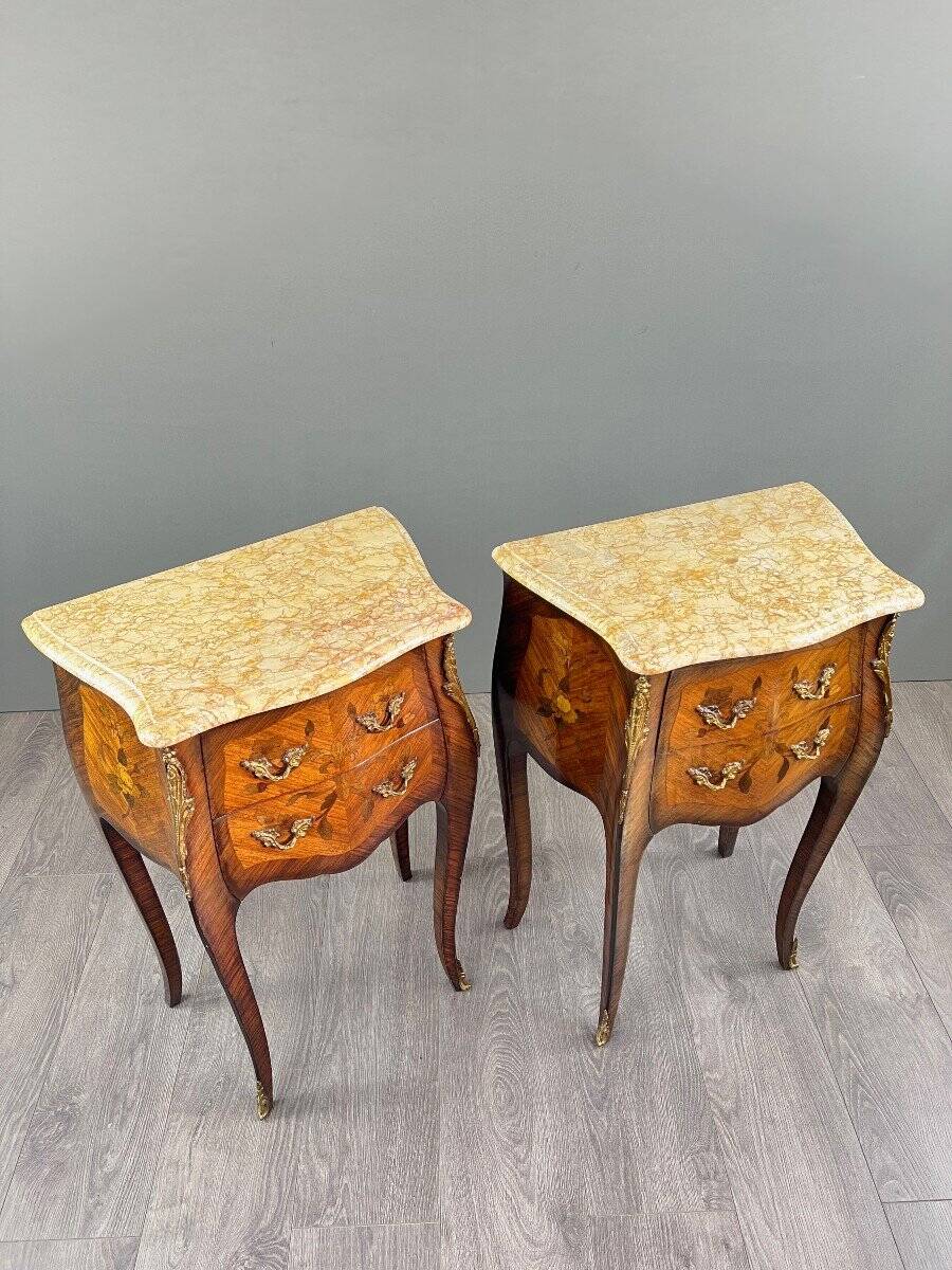 Pair of louis xv style bedside tables in marquetry and marble – 19th century