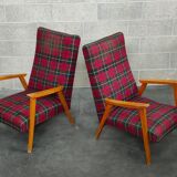 Pair of French beech armchairs from the 60s, tartan fabric