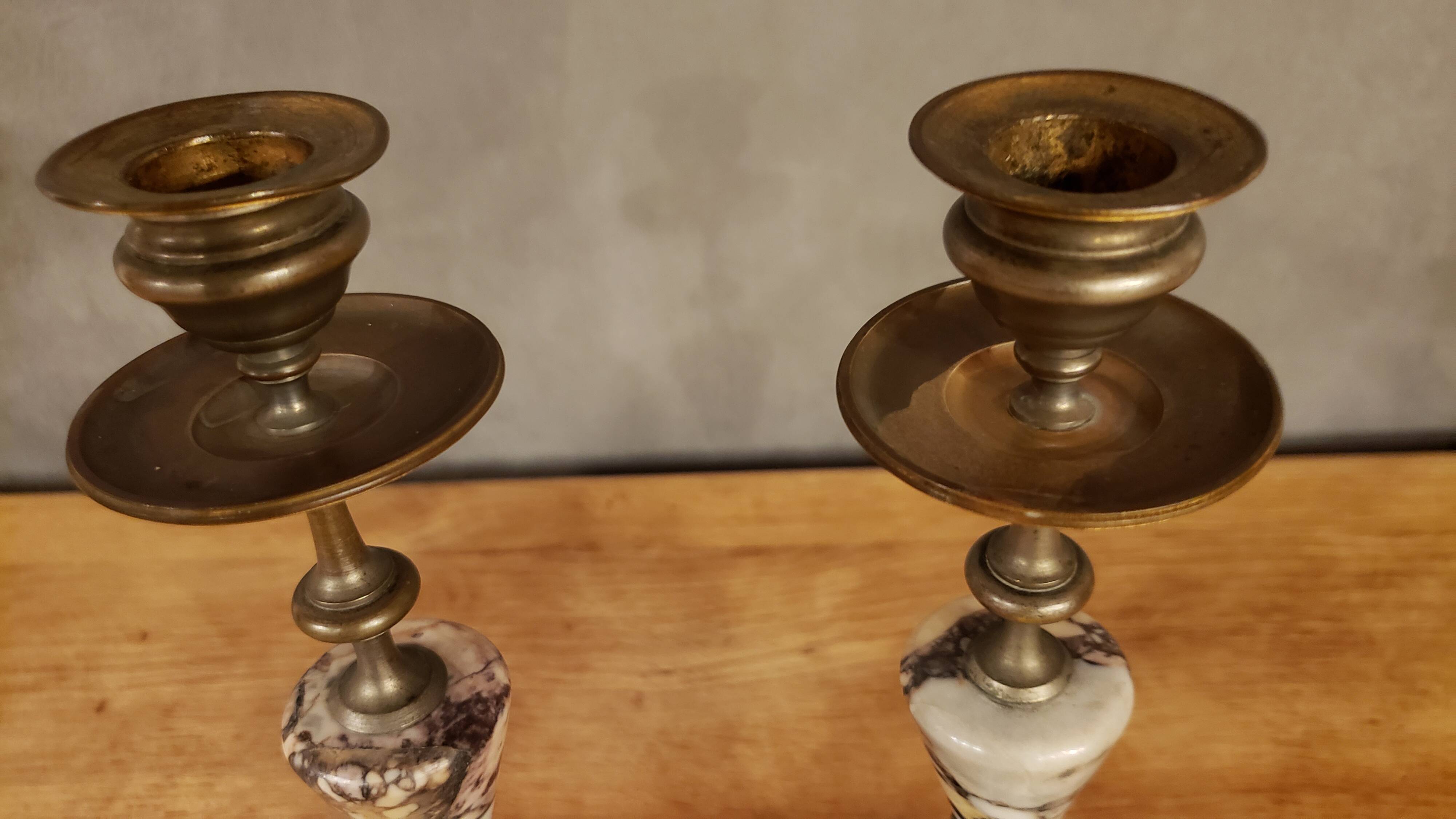 Pair of brass + marble or stone candlesticks