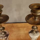 Pair of brass + marble or stone candlesticks