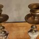 Pair of brass + marble or stone candlesticks