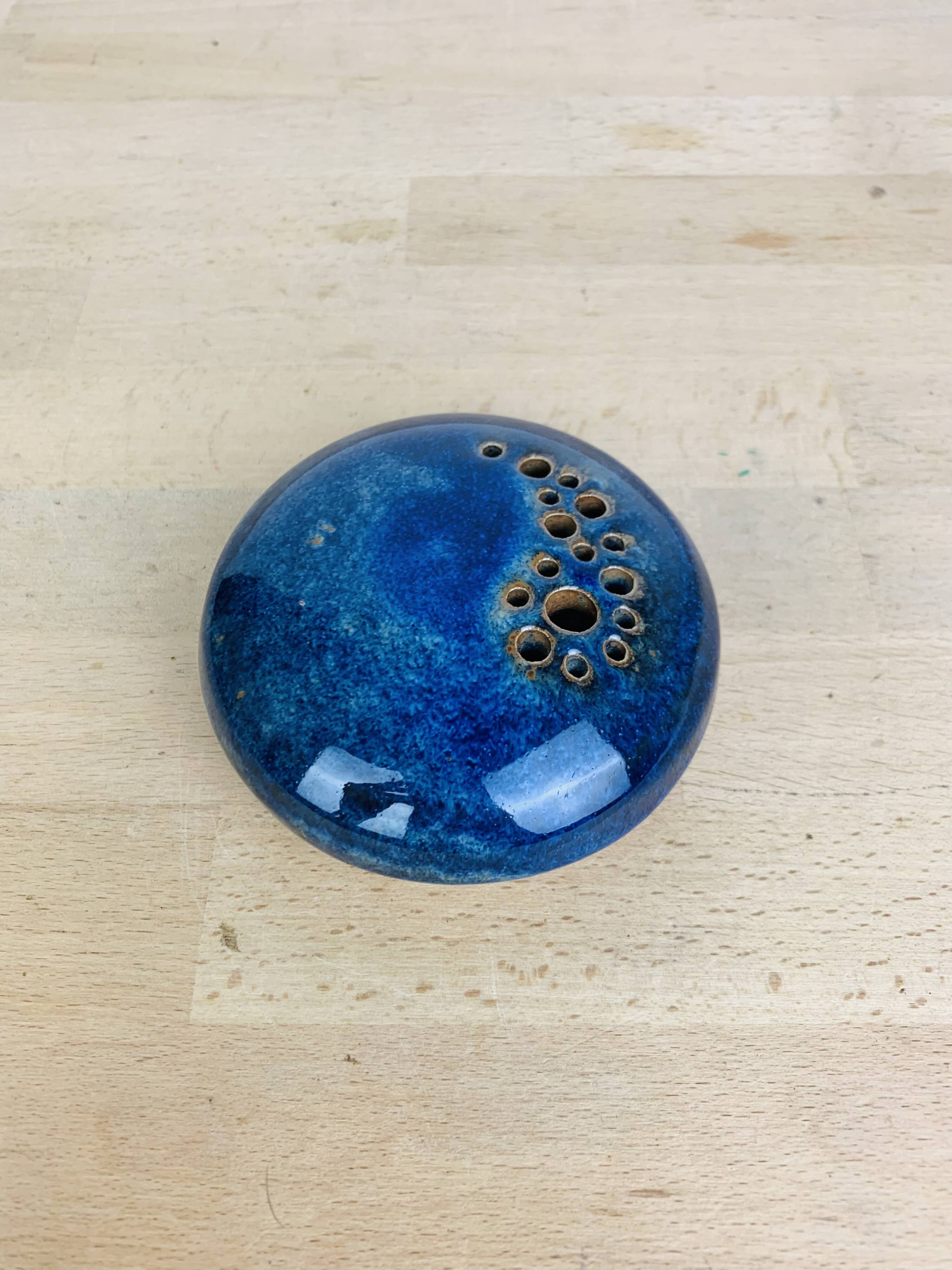 Blue ceramic flower spike ball vase, 7 soleils workshop