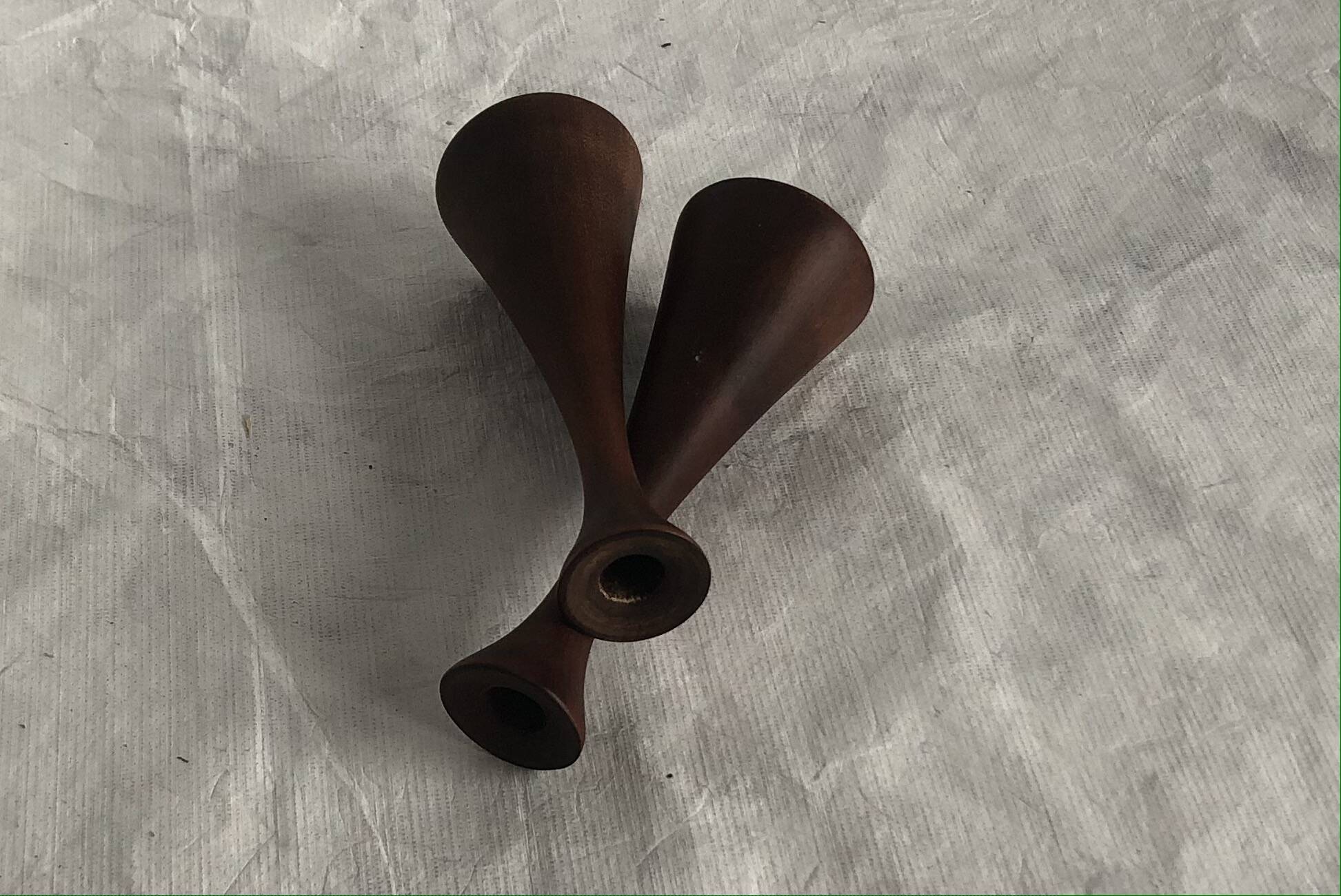 Pair of candlesticks in vintage stained birch wood, Scandinavian design