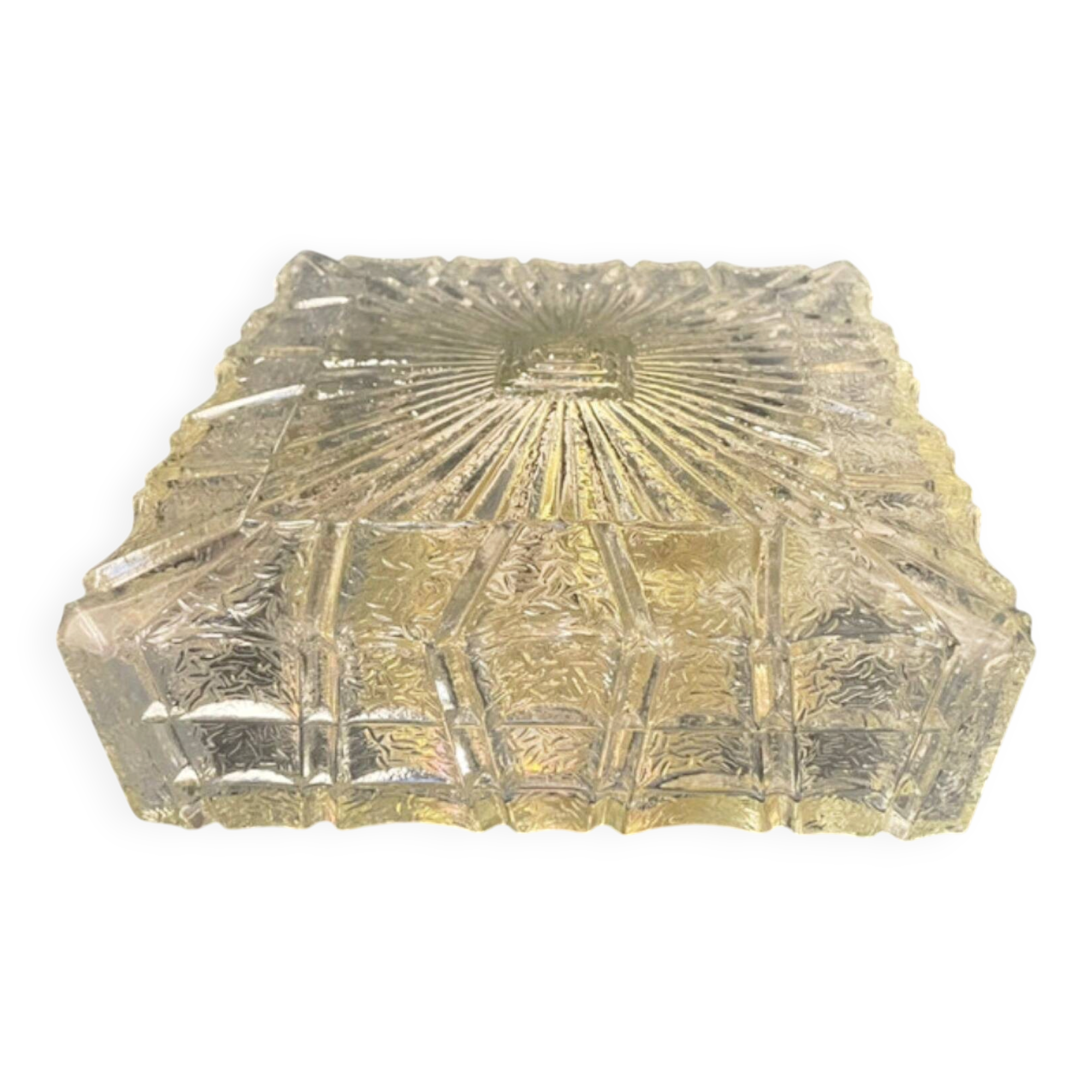 Vintage Flush Mount Square Glass Ceiling Lamp, Sunburst Motif