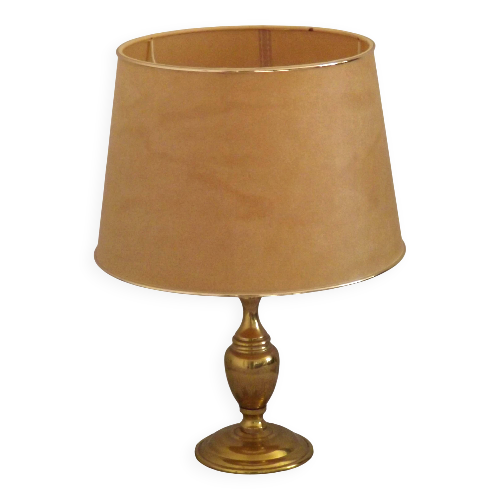 Vintage French Round Brass Table Lamp With Beige and Gold Shade