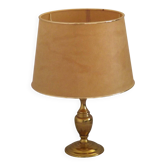 Vintage French Round Brass Table Lamp With Beige and Gold Shade