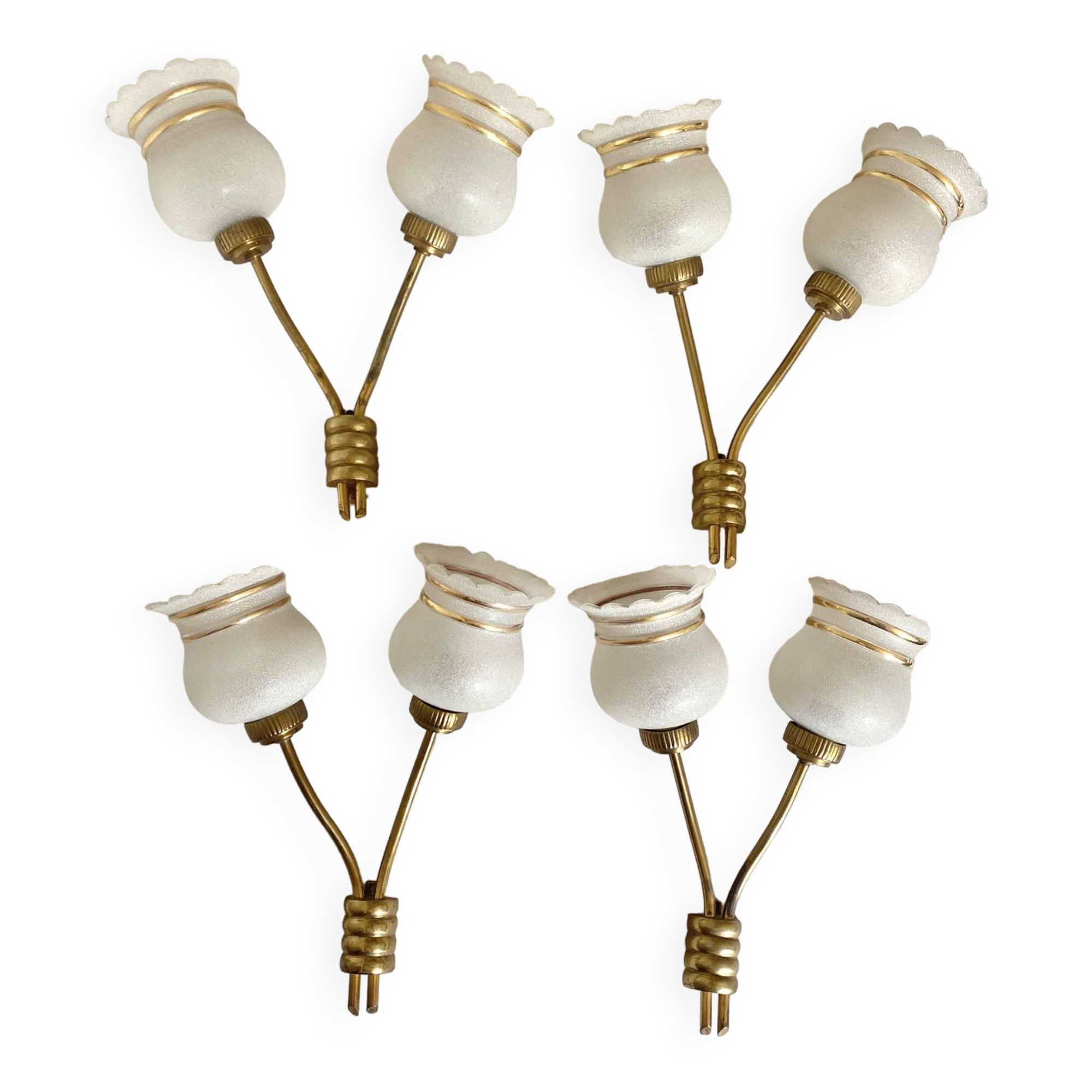 Set of 4 double wall lights in brass and frosted glass