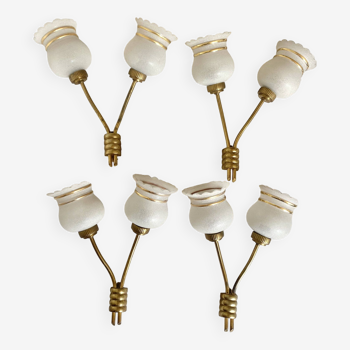 Set of 4 double wall lights in brass and frosted glass