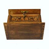 Coffret boite bois sculpté fleur feuillage 2 oiseaux forêt noire avec clef ancien