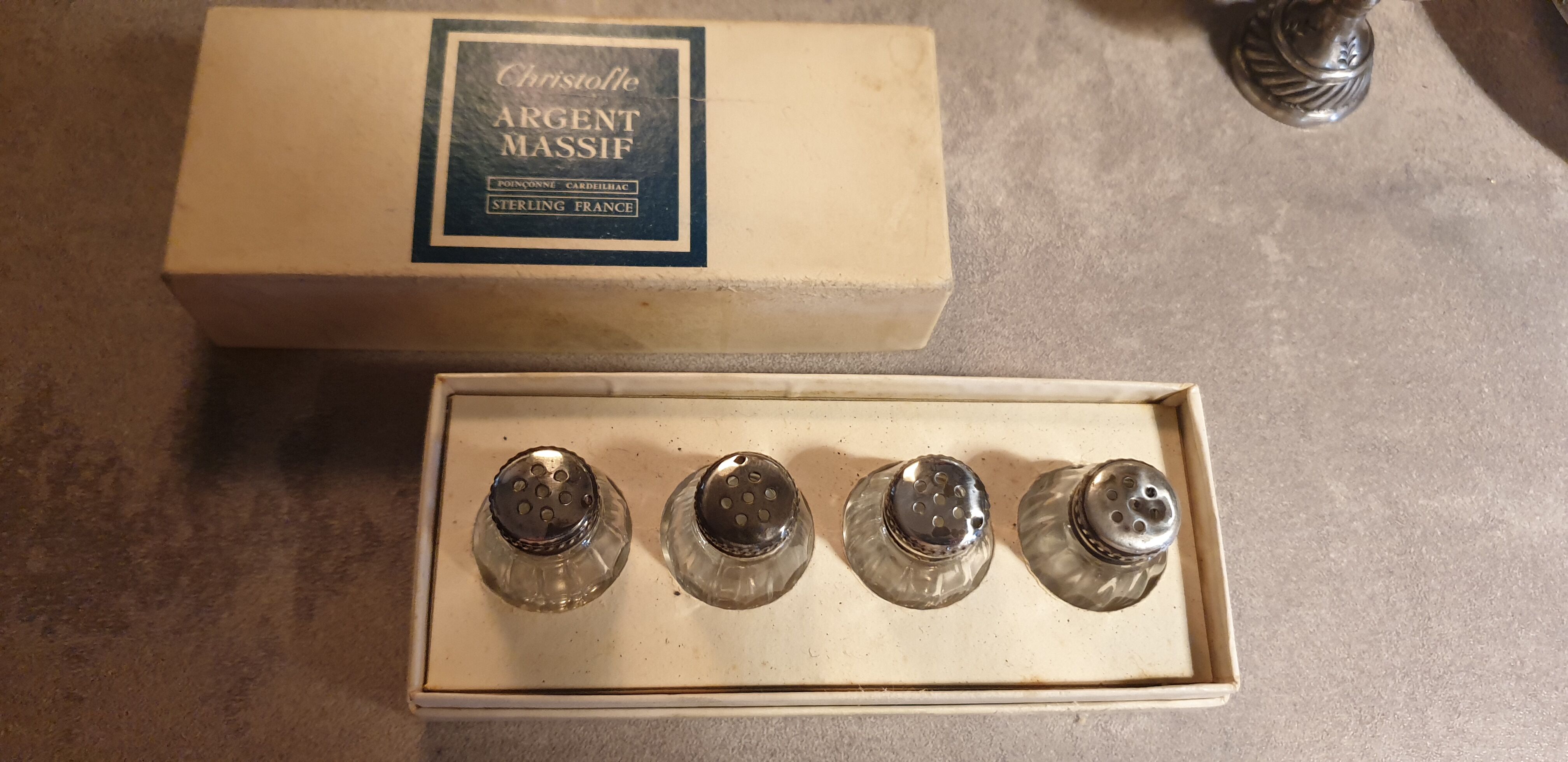 Goldsmith christofle salt shakers salters solid silver & glass