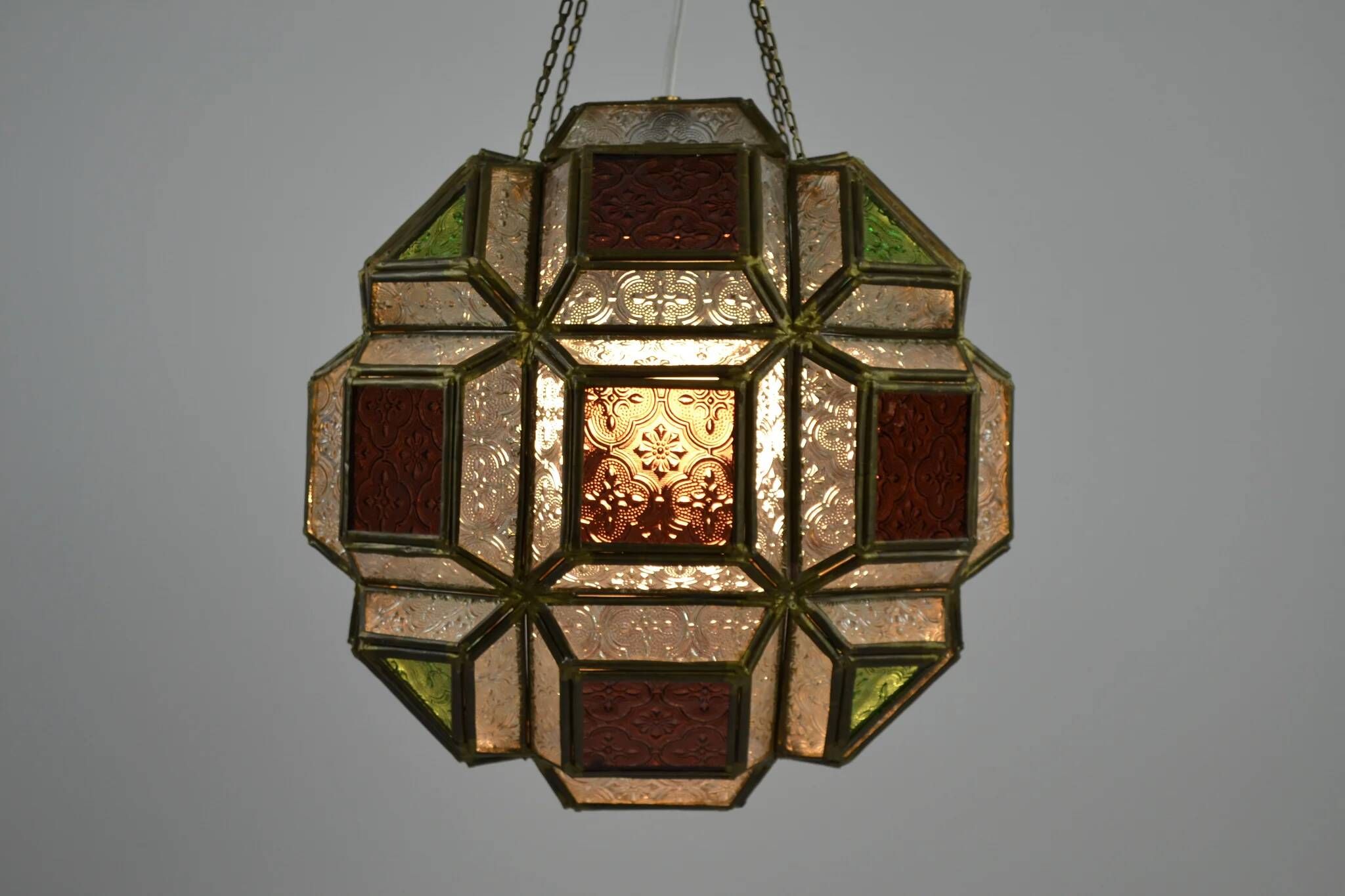 Multicolored Pressed Glass and Brass Pendant Lantern, Scandinavia, circa 1940s–1950s