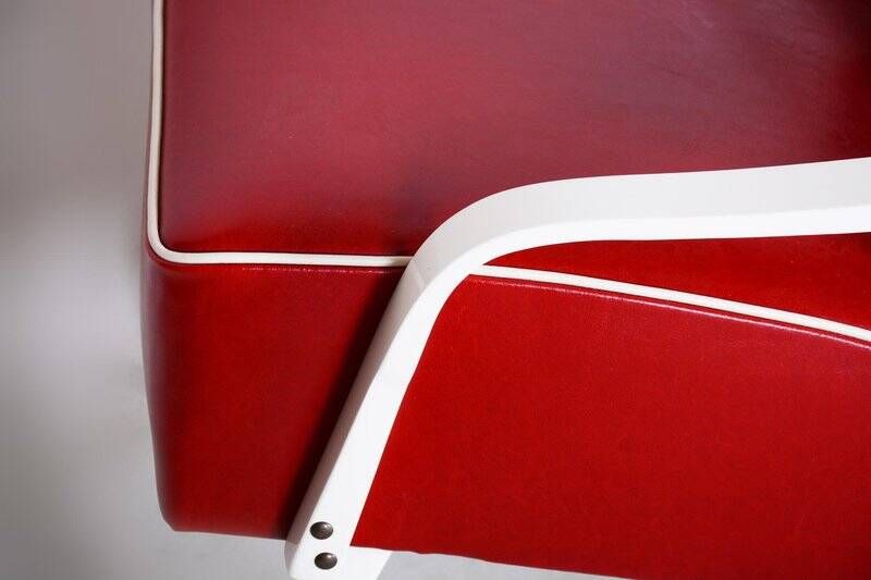 Mid-Century Red Leather and Beech Armchairs, Czechia, 1950s, Set of 2