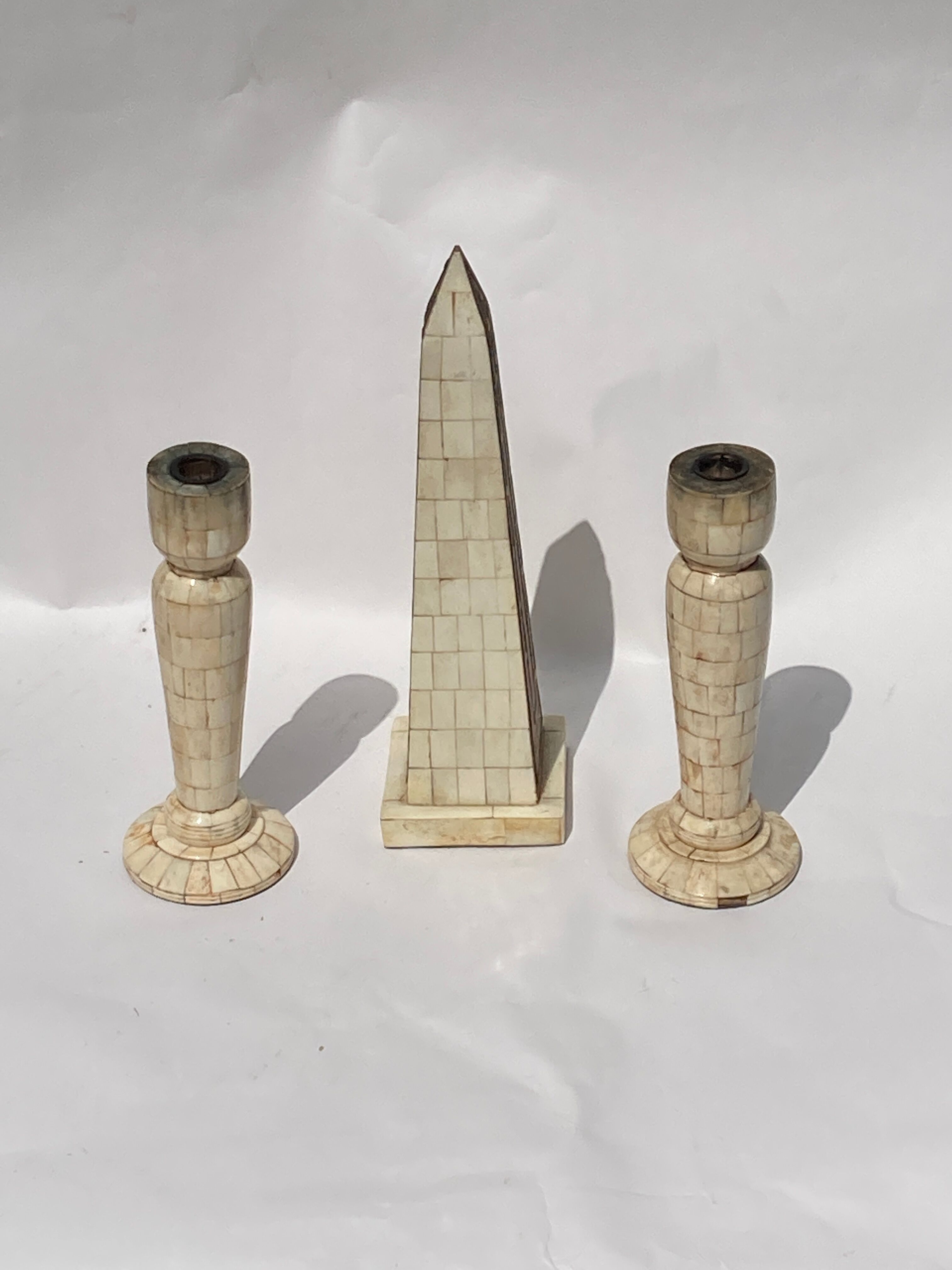 Grand tour bone inlay candle holders, candle sticks and obelisk, ca 1895 France
