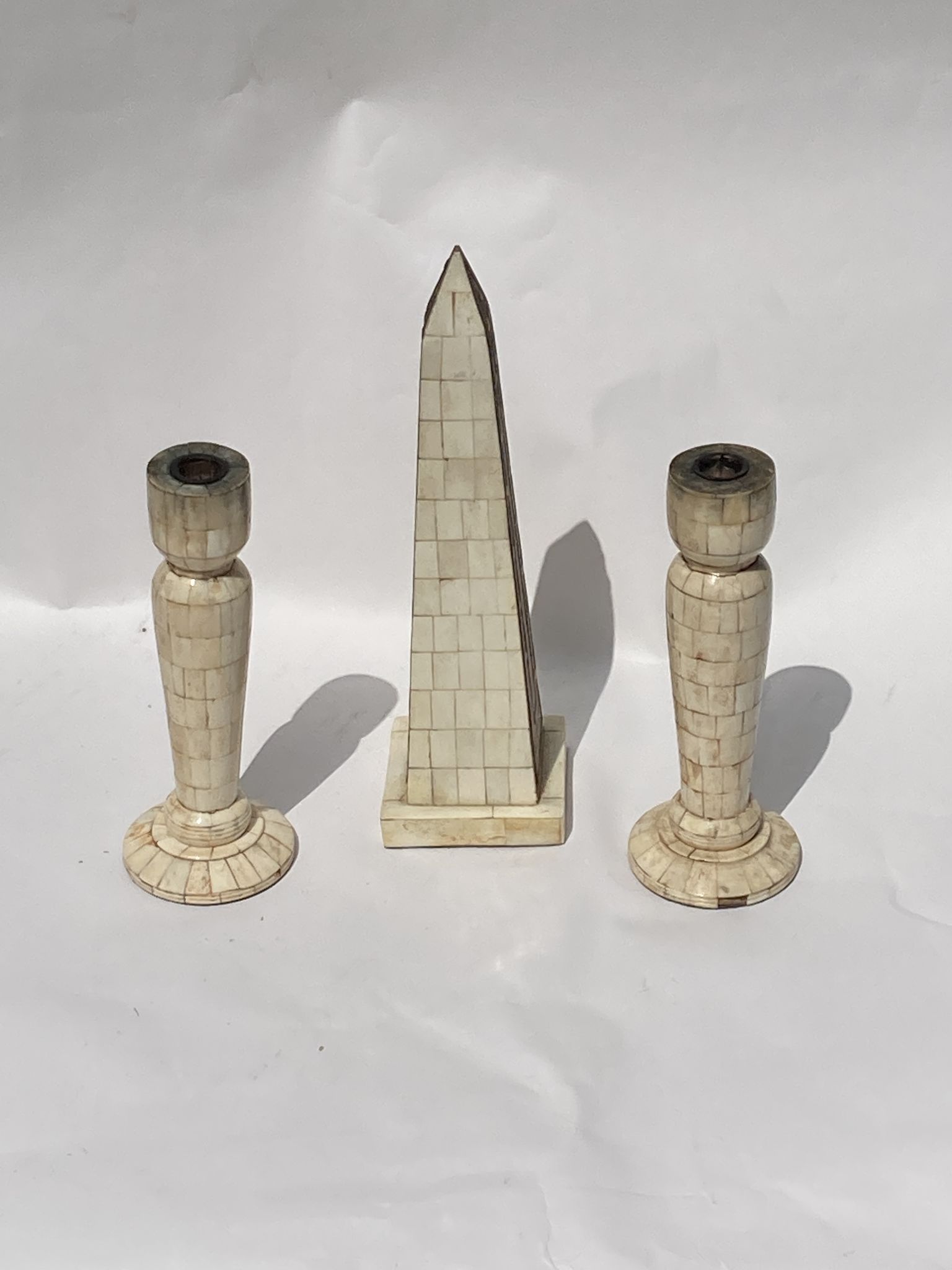 Grand tour bone inlay candle holders, candle sticks and obelisk, ca 1895 France