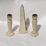 Grand tour bone inlay candle holders, candle sticks and obelisk, ca 1895 France