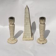 Grand tour bone inlay candle holders, candle sticks and obelisk, ca 1895 France