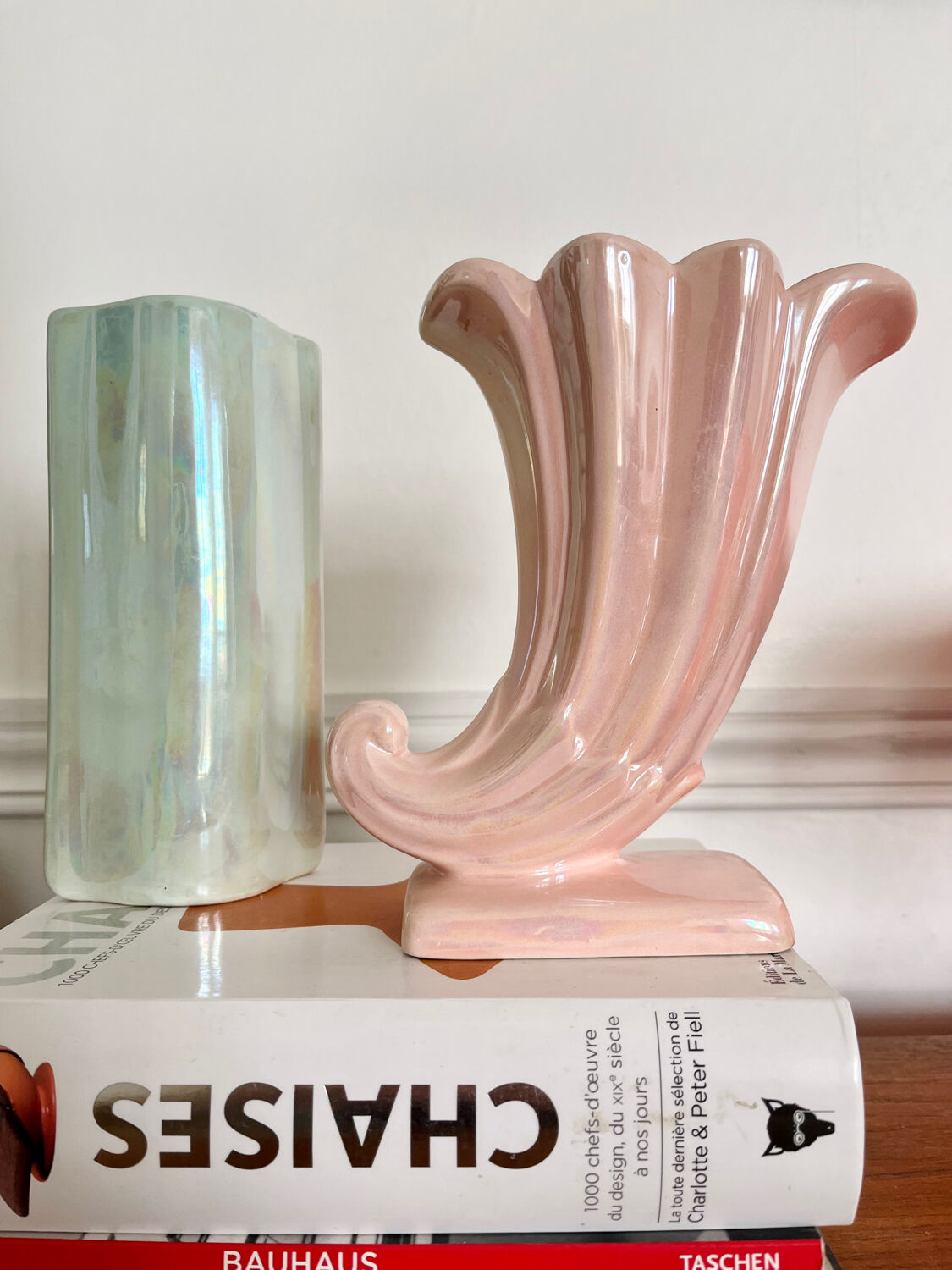 Duo of vintage iridescent ceramic vases