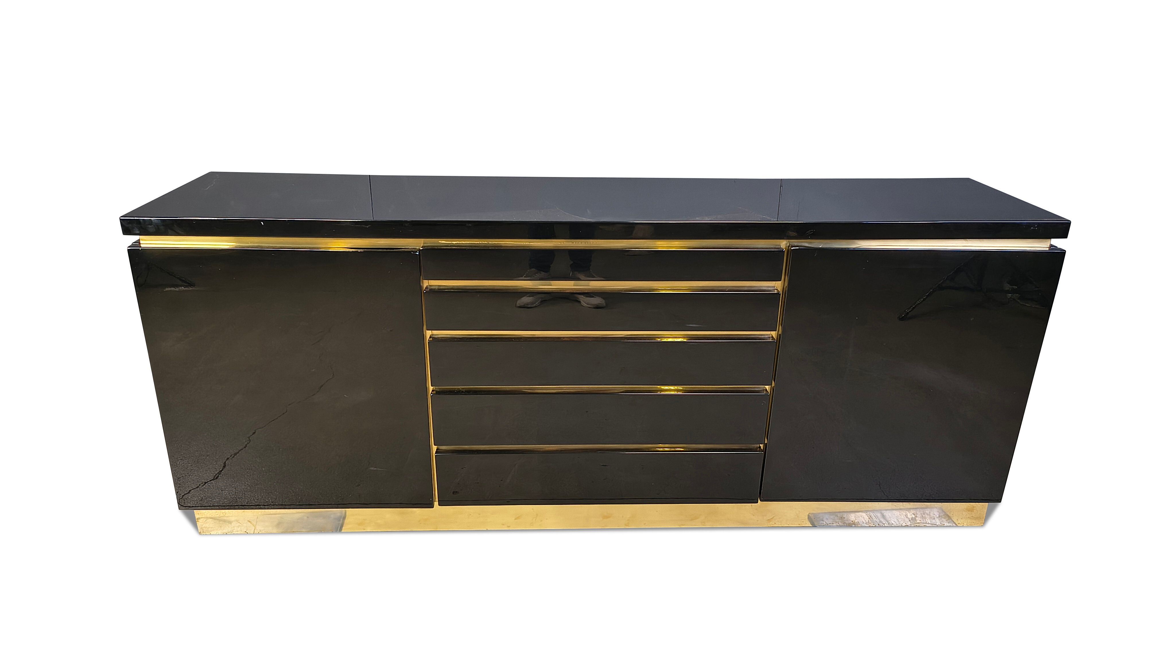 Brass and lacquer sideboard by Jean Claude Mahey, 1970s