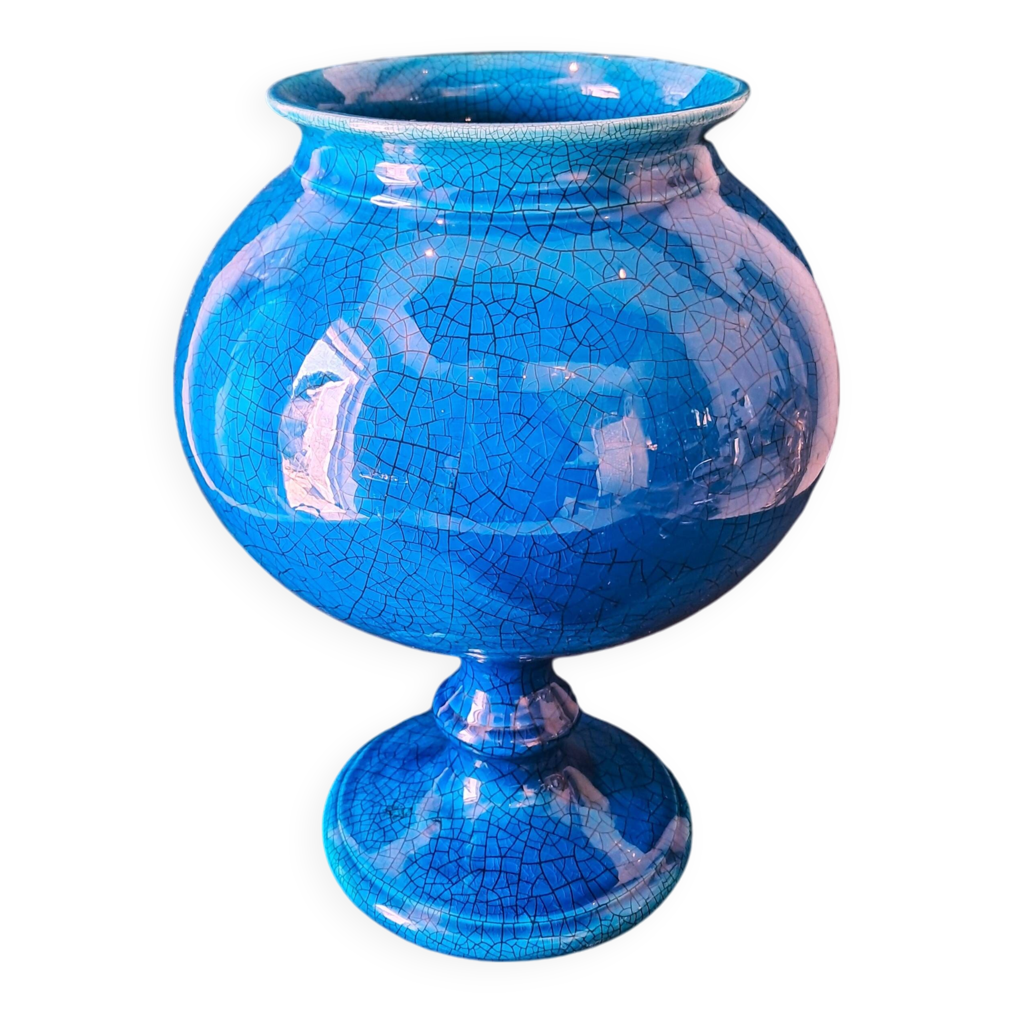 Large Turquoise Crackle Earthenware Footed Bowl Vase