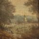 Peinture ancienne paysage avec voyageurs, huile sur panneau, '700