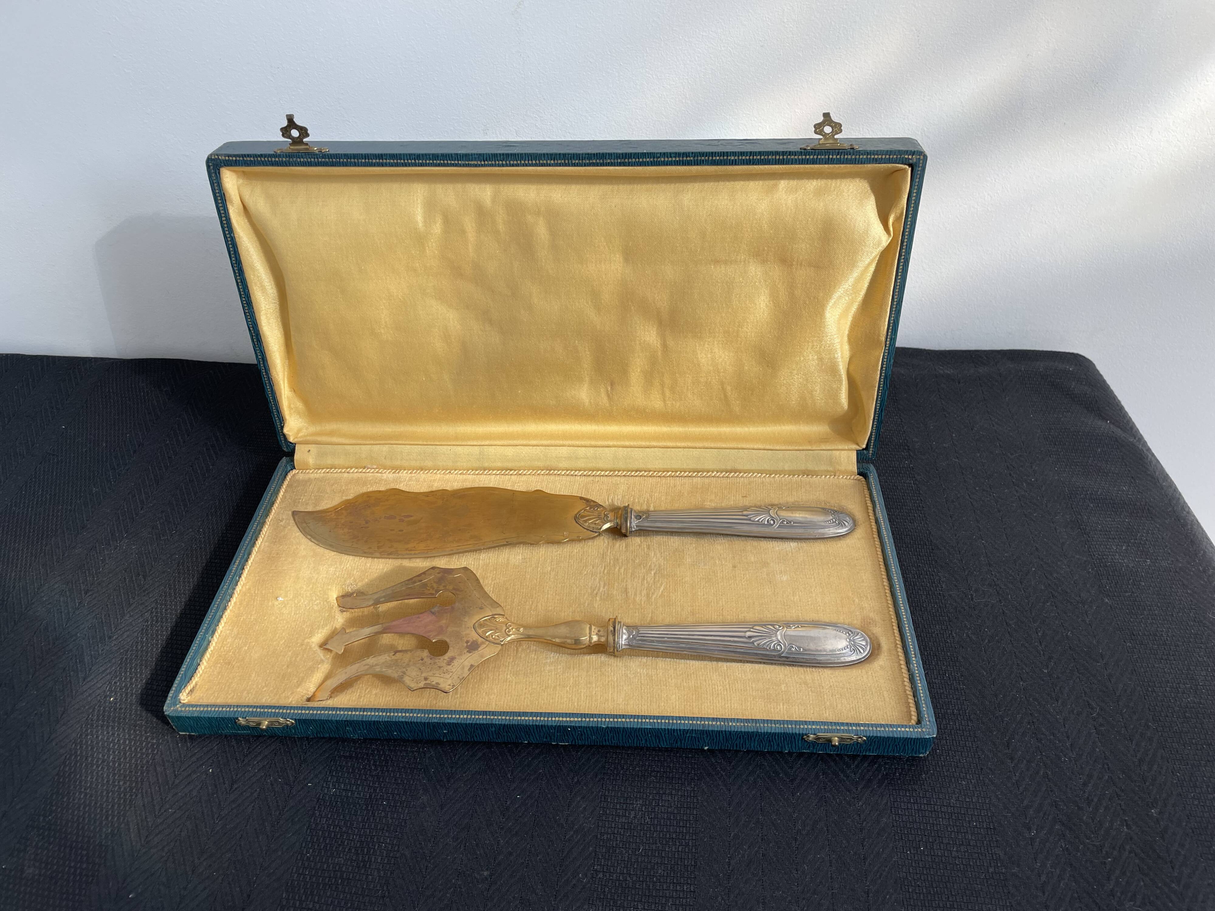 Antique, fish service cover, stuffed silver, gilded metal, France