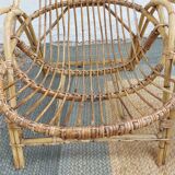 4 armchairs and a coffee table made of rattan and bamboo wood, vintage.