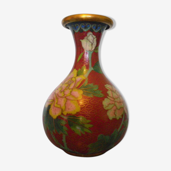 Engraved brass vase, floral decoration and butterfly
