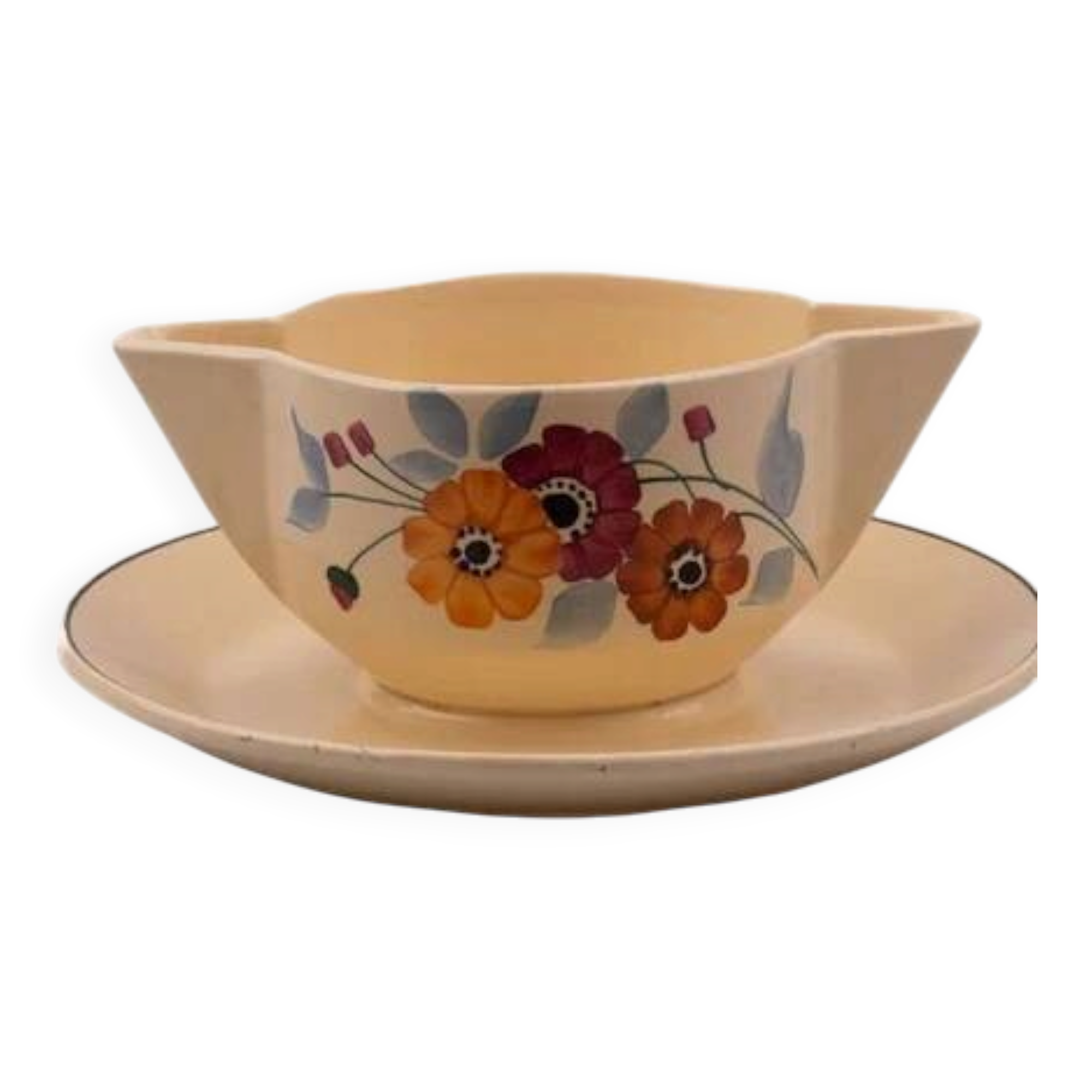 Saucière vintage en céramique Saint-Amand crème et à motifs fleuris