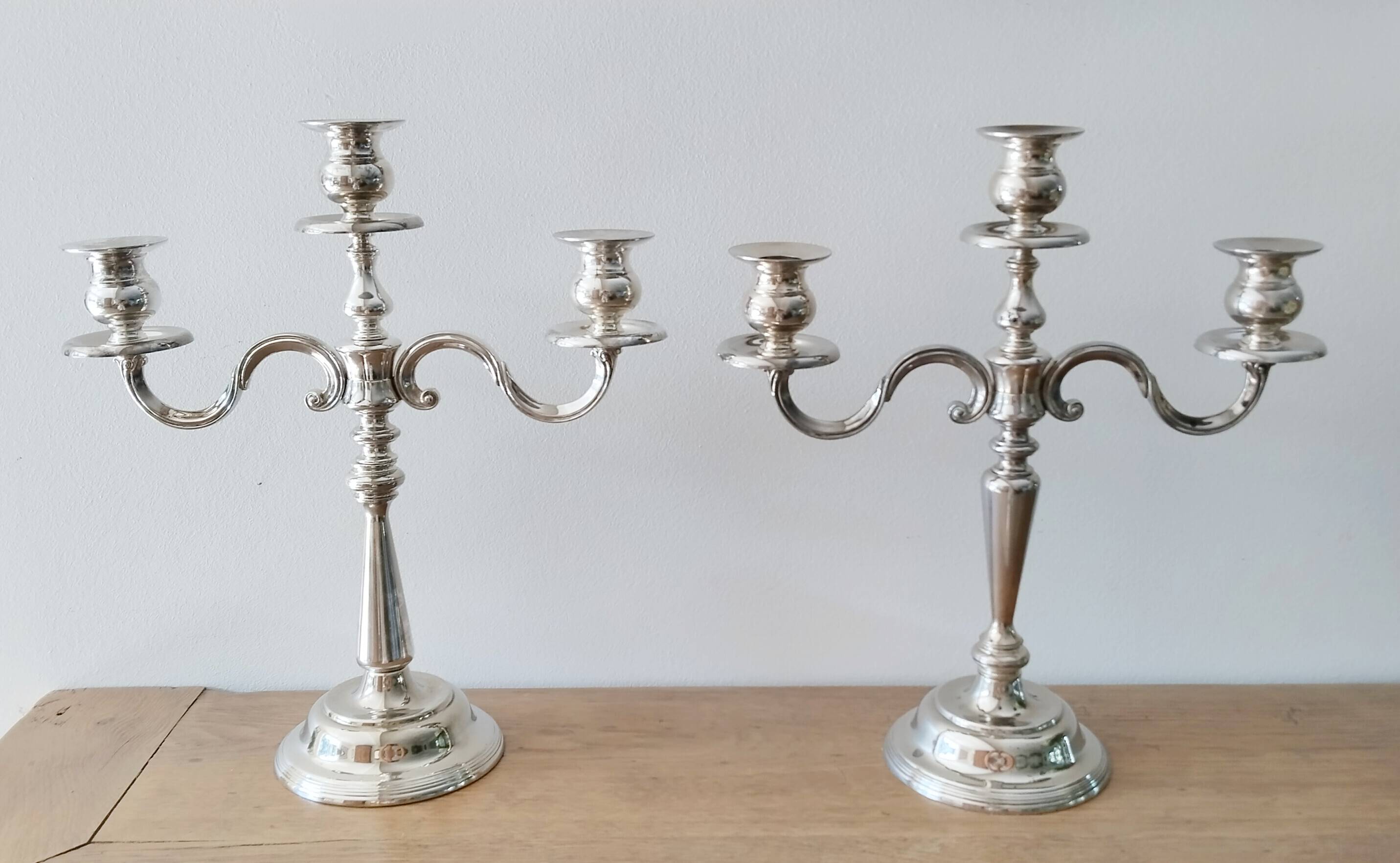 3-arm silver-plated metal candlesticks, candlesticks