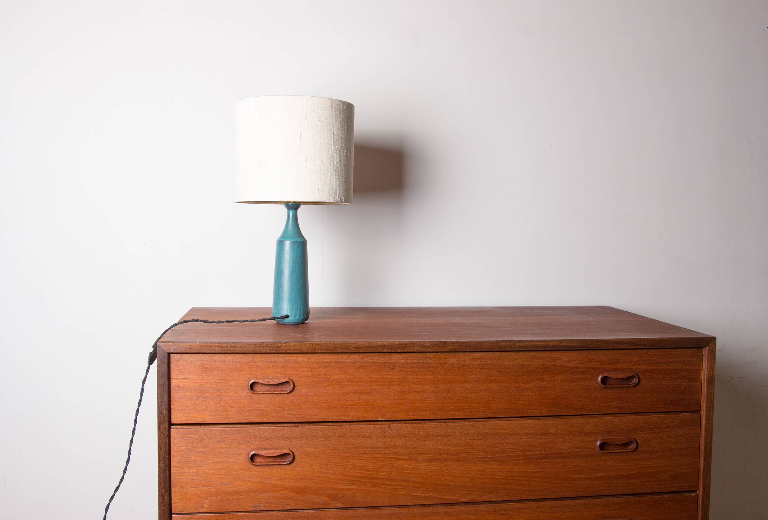 Danish truncated conical table lamp in matte blue sandstone by Gunnar Nylund for Nymolle 1960.