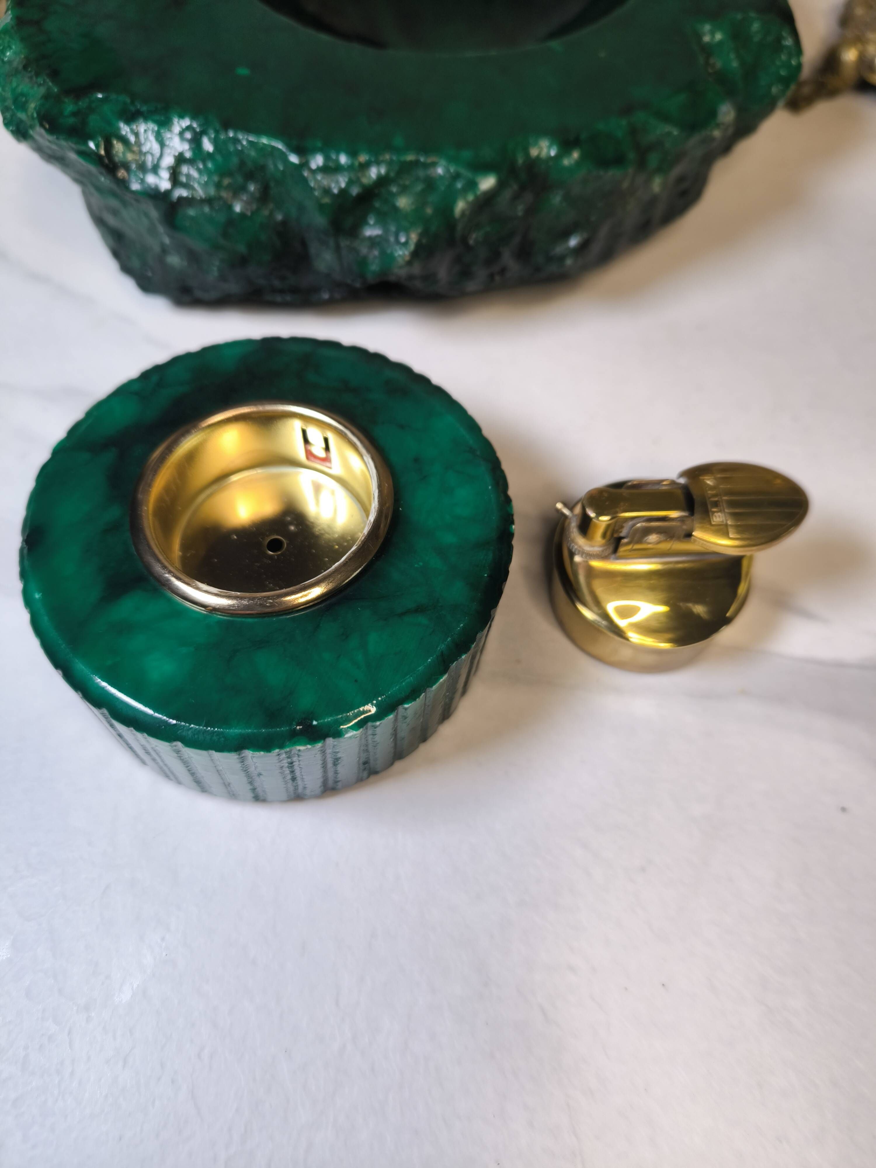 Vintage 70's Desk Set in Green Alabaster Malachite - 3 Pieces - Ita