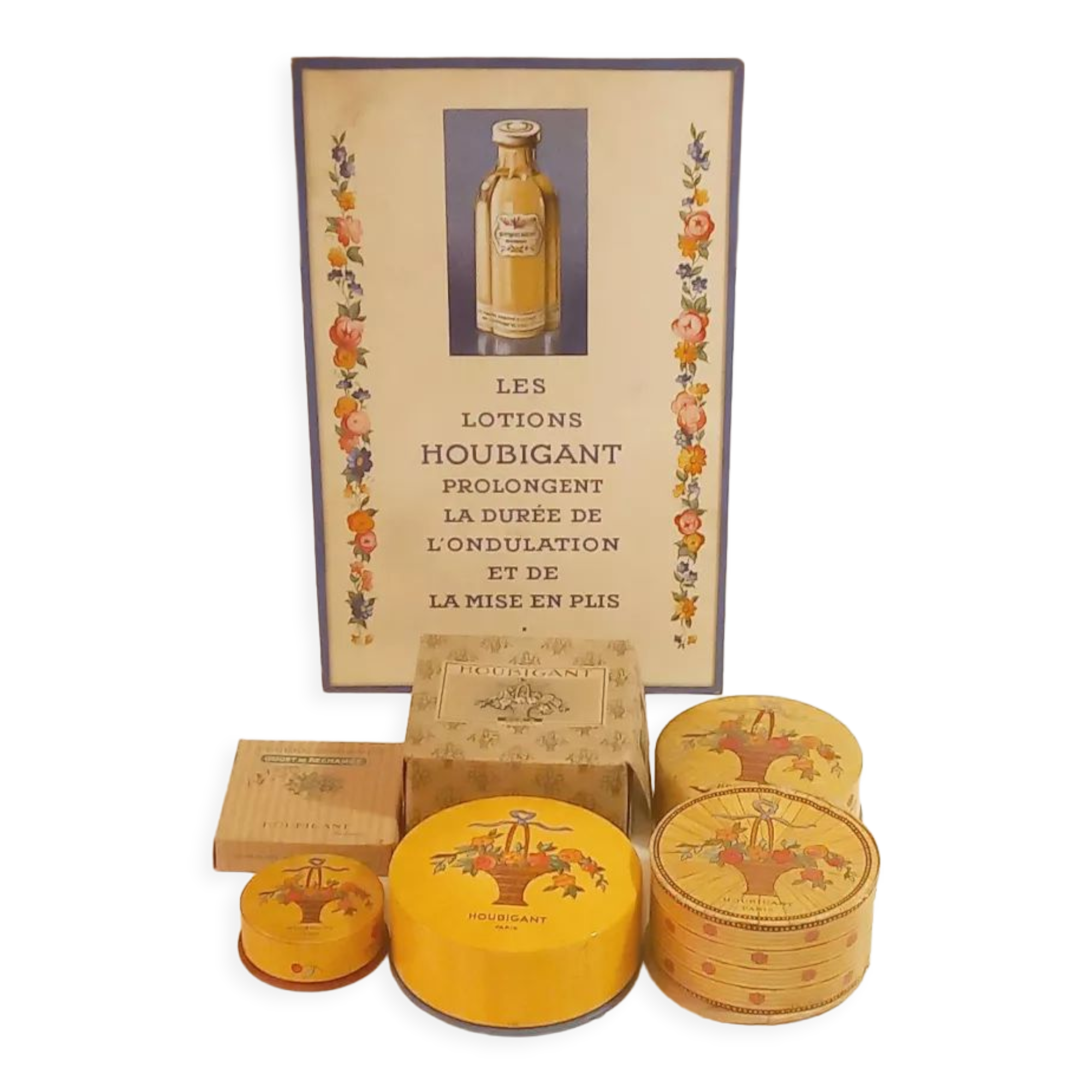 Houbigant powder boxes, shadows and antique advertising collection set