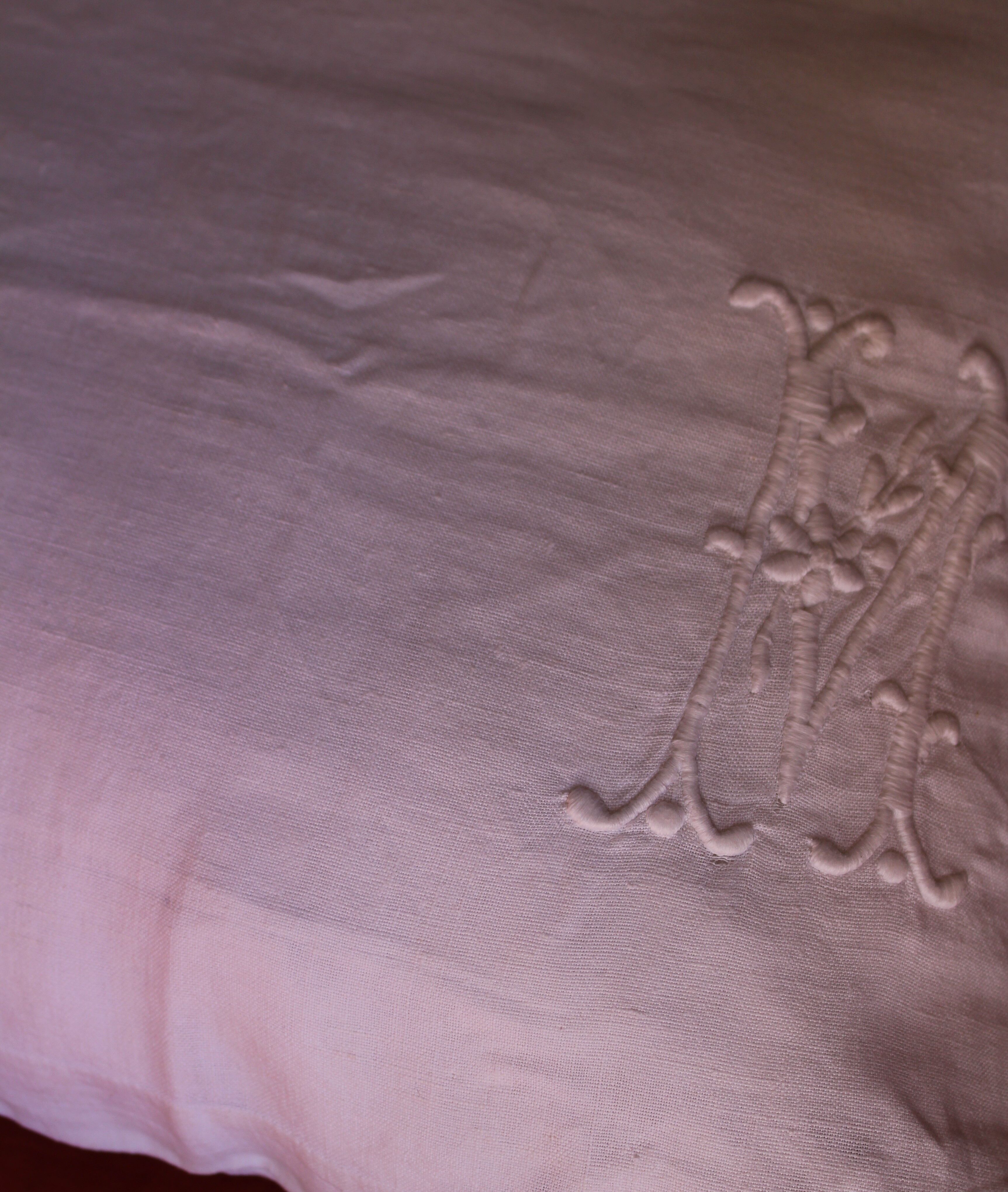 Old white linen cushion monogram